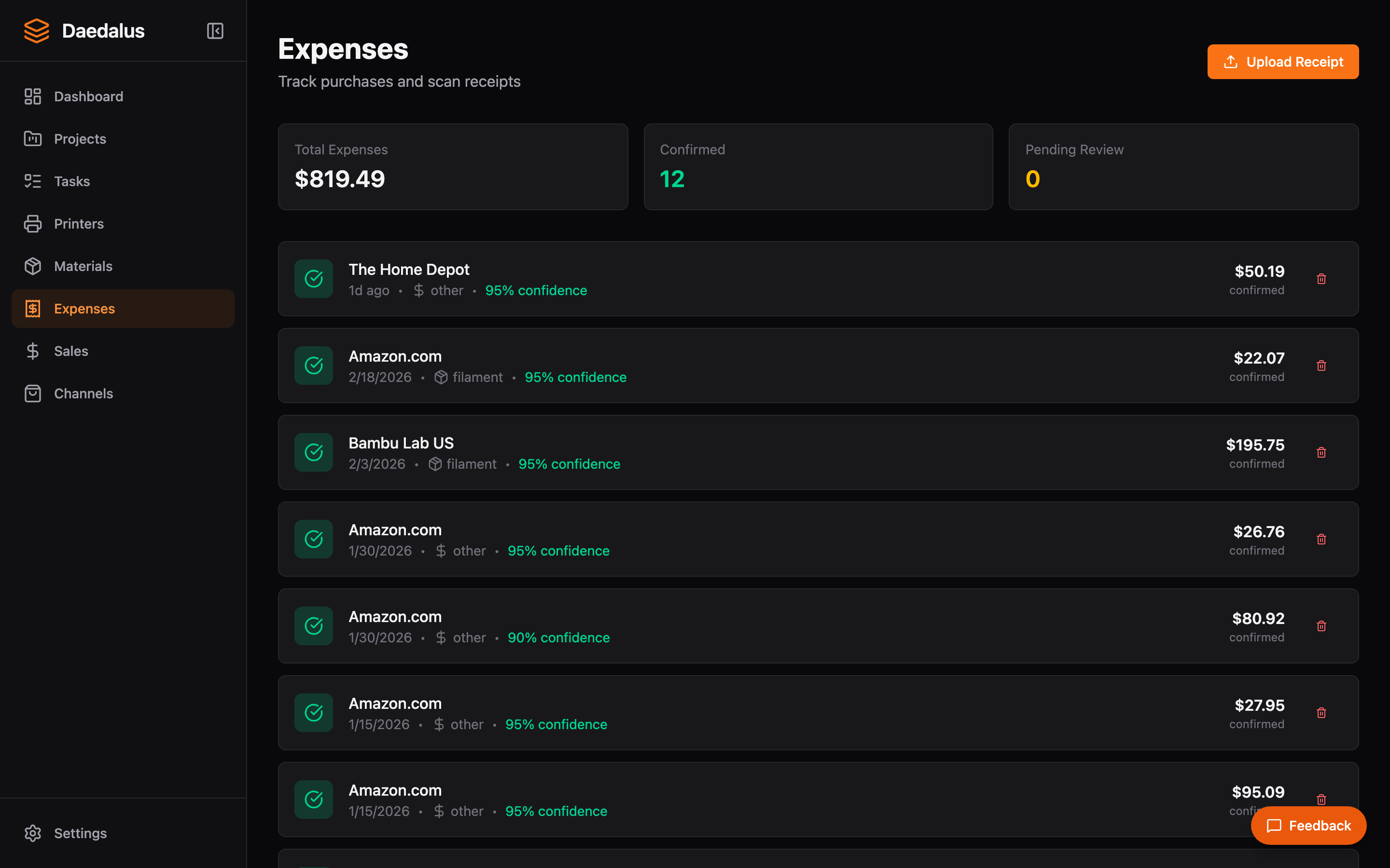 Daedalus expense tracking showing OCR-parsed receipts from Amazon, Bambu Lab, and Home Depot