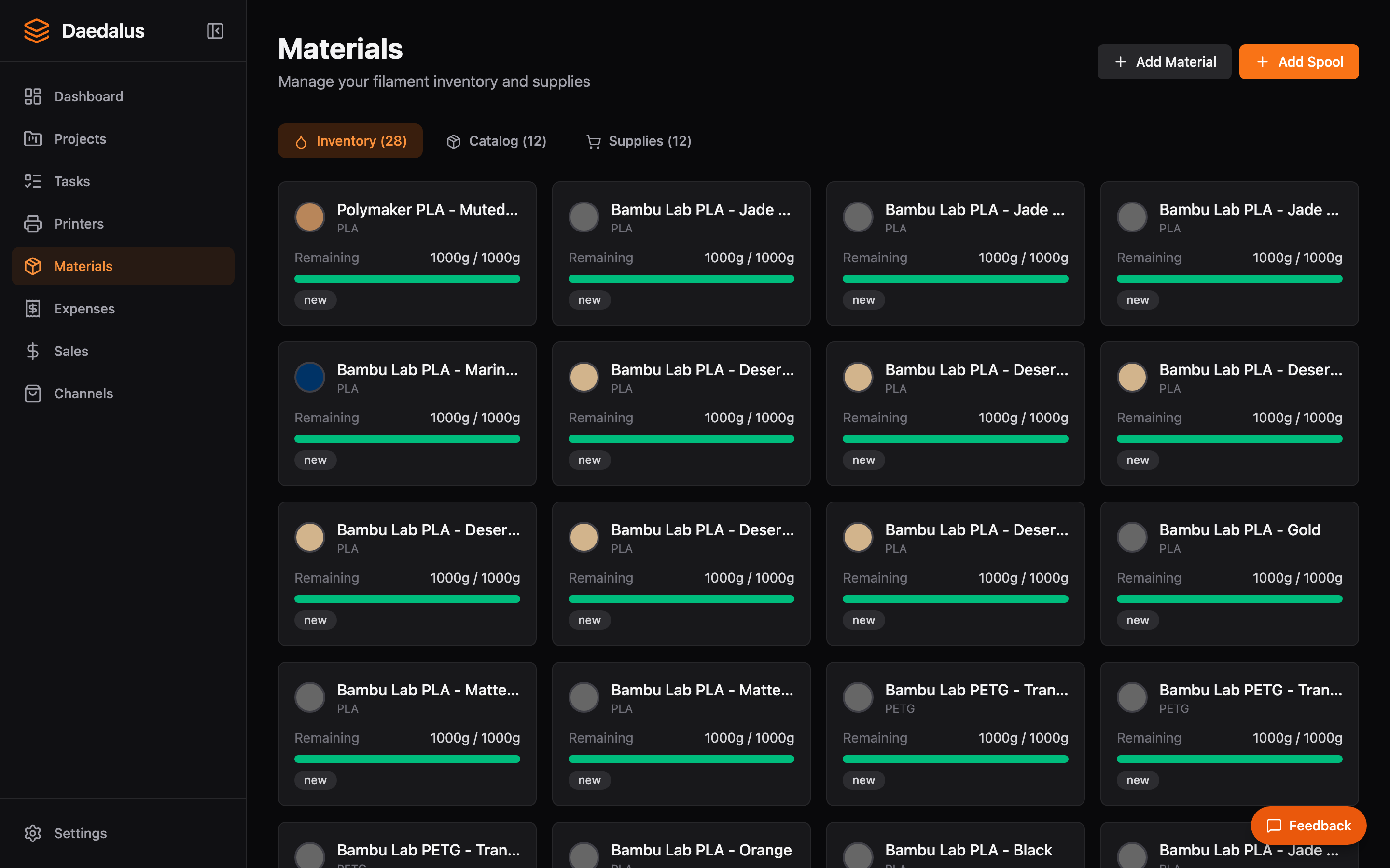 Daedalus material inventory showing spool tracking with weight and color