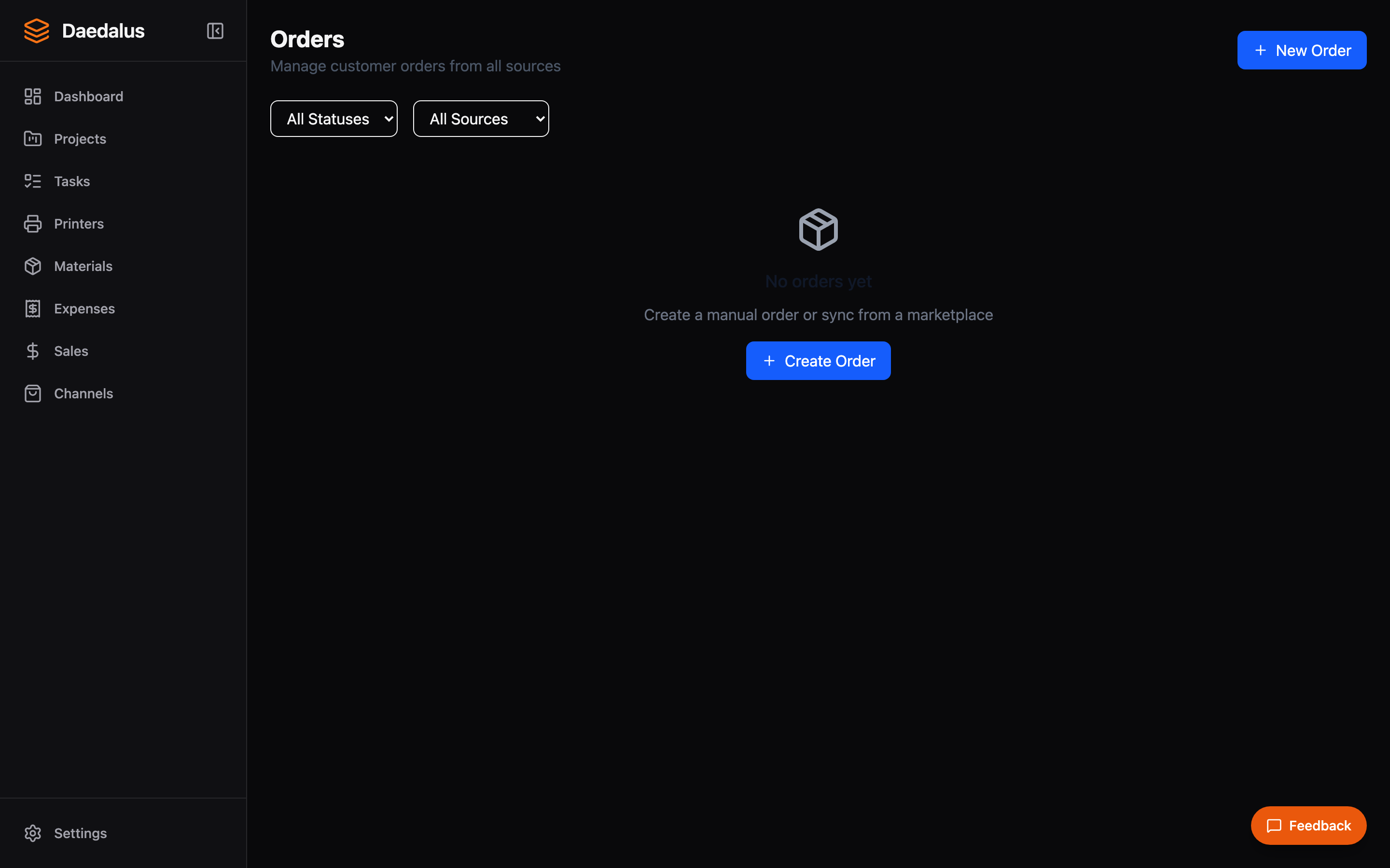 Daedalus order management showing orders from multiple sales channels