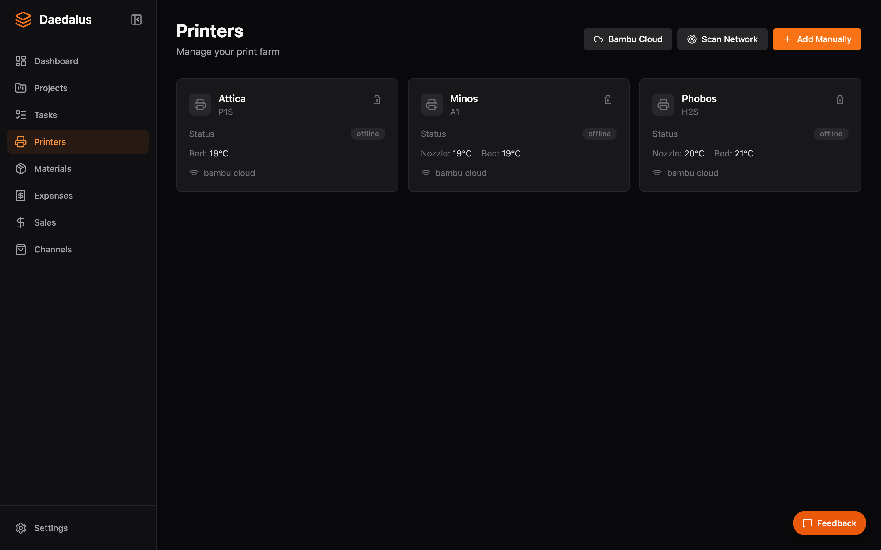 Daedalus printer fleet showing Bambu Lab P1S, A1, and H2S printers with status and temperature readings