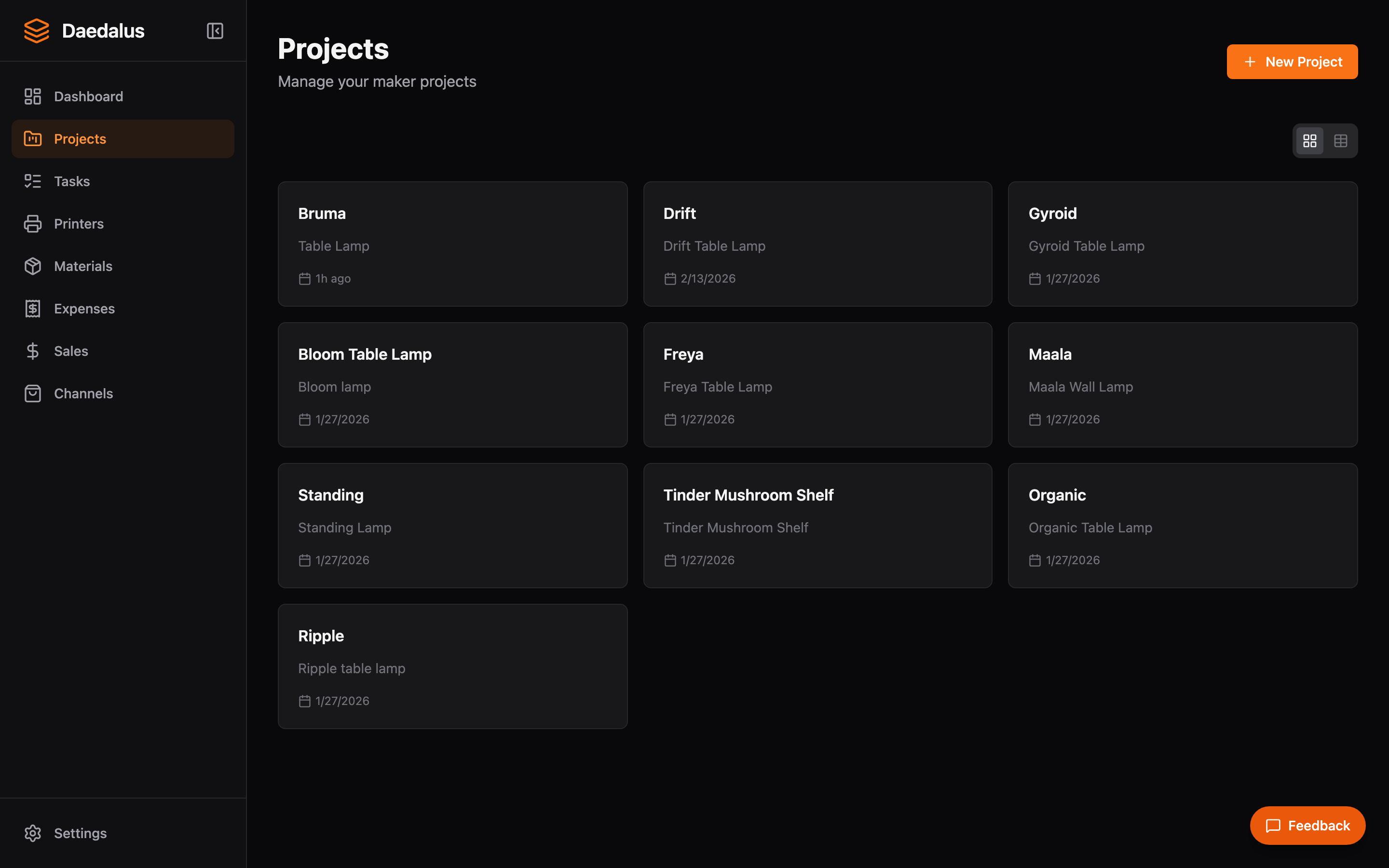Daedalus project catalog showing maker products with descriptions and dates