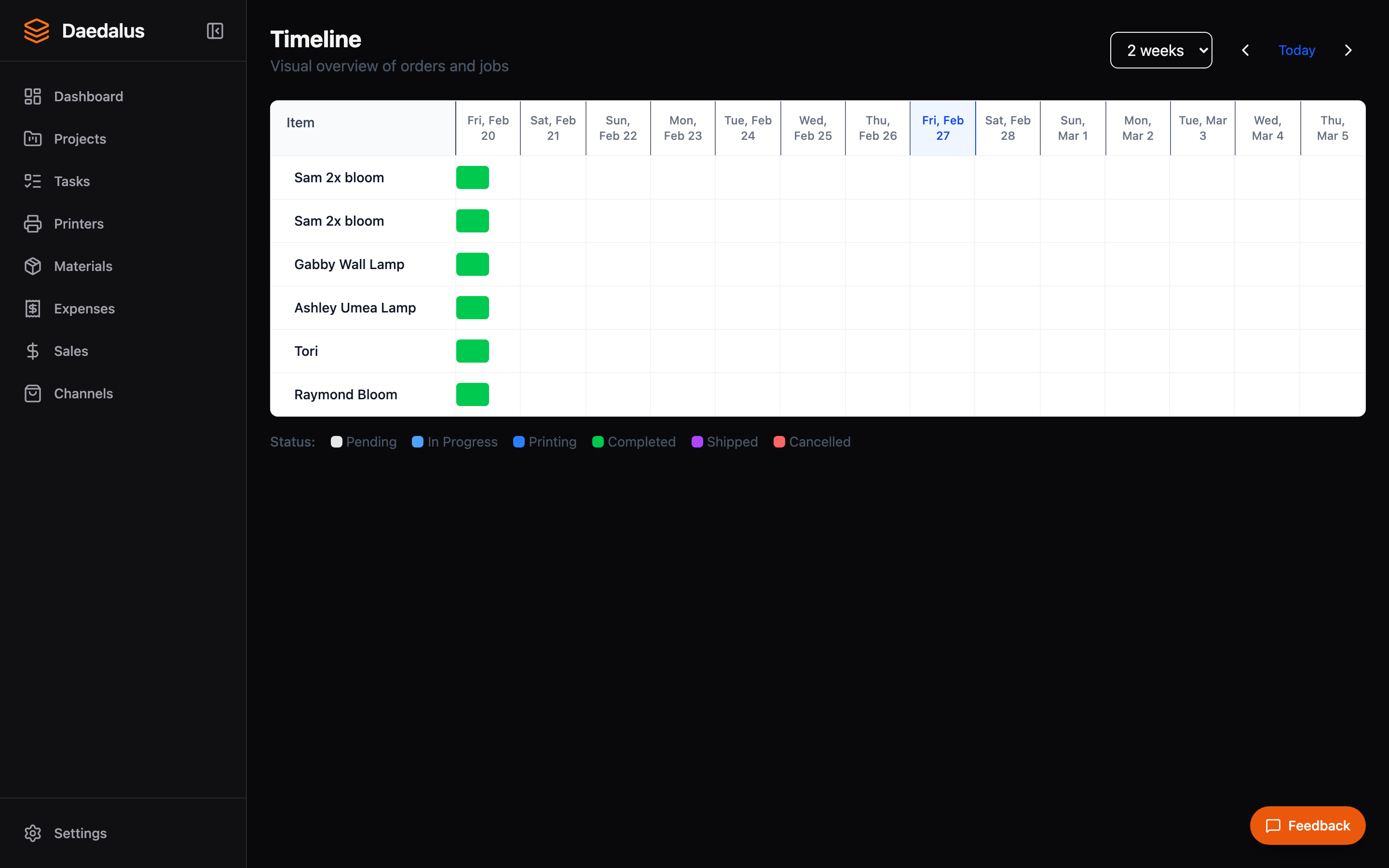Daedalus production timeline showing Gantt-style order scheduling